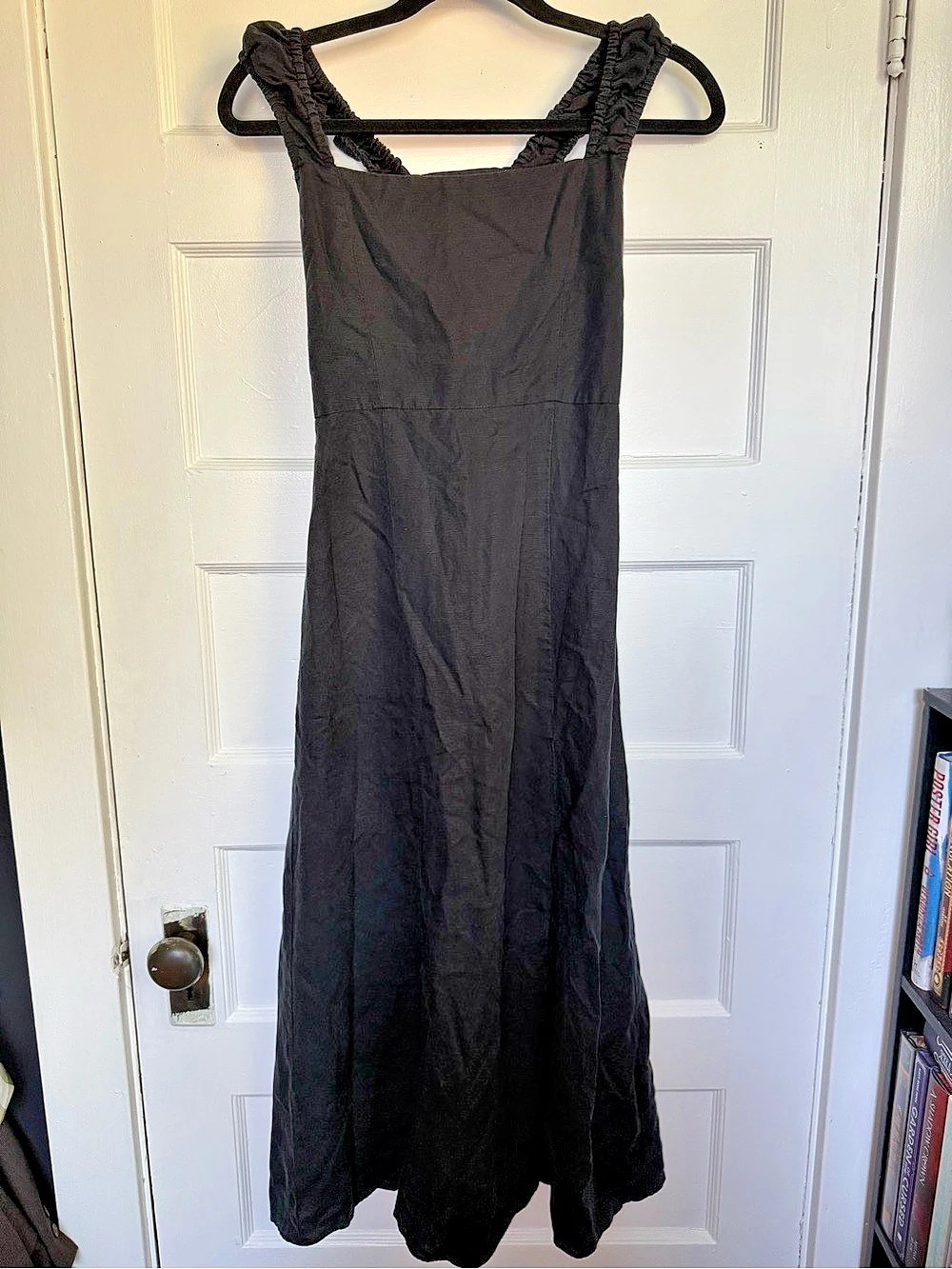 Zara Linen Blend Midi Dress Black Corset Back Square Neck Side Slit Witchy Small